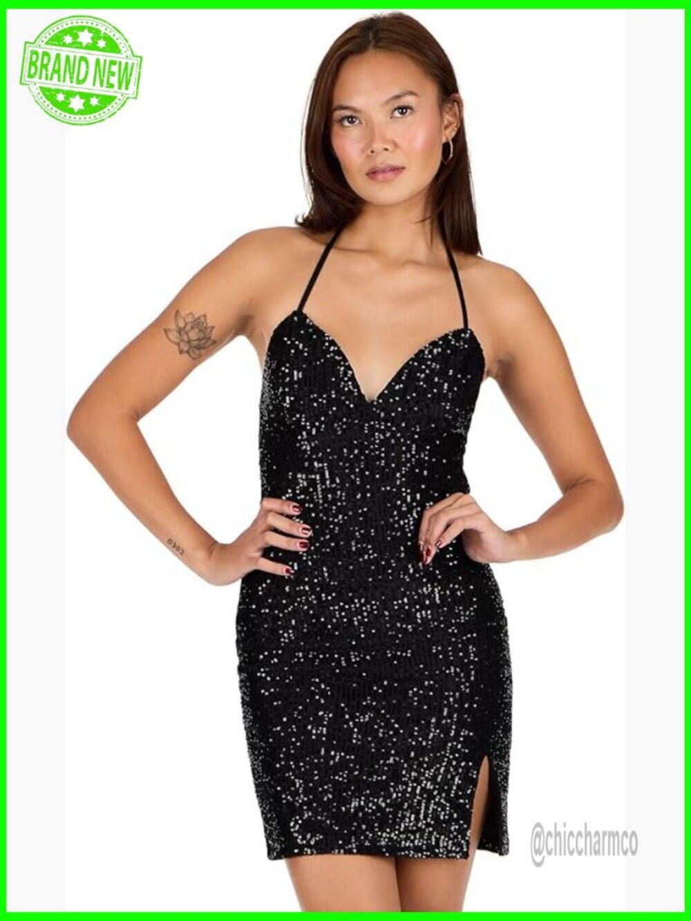 Sequin Halter Mini Dress with Side Slit, Party Bodycon Dress
